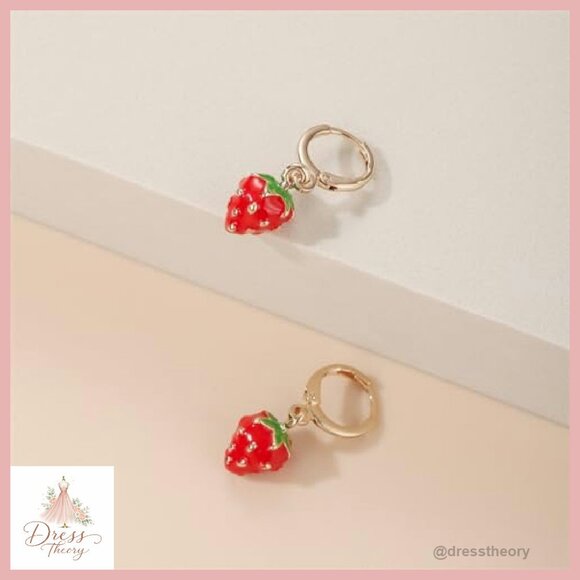 Small Strawberry Hoop Earrings Hypoallergenic Copper Dangle Jewelry Gift - Picture 4 of 8